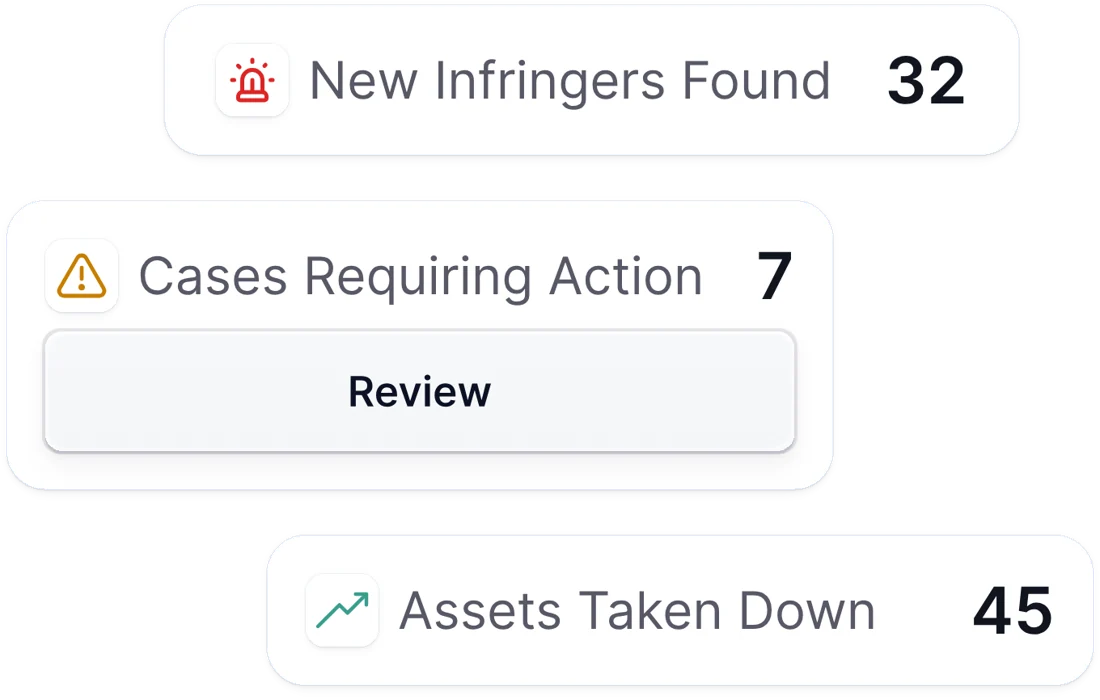 New infringers found, cases requiring action, assets taken down