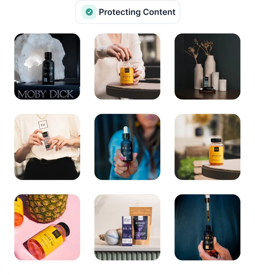 Grid of product photos marked as protected content