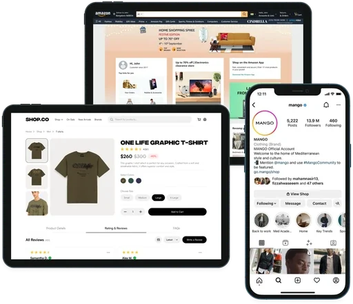 Marketplace, store and social profile on three devices