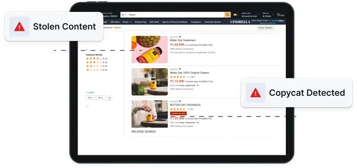 Marketplace listing on a tablet flagged as stolen content and copycat