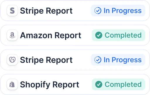 Reports to Stripe, Amazon and Shopify, in progress and completed