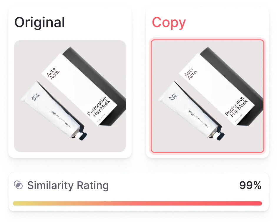 Original product photo next to a copy, with a 99% similarity rating
