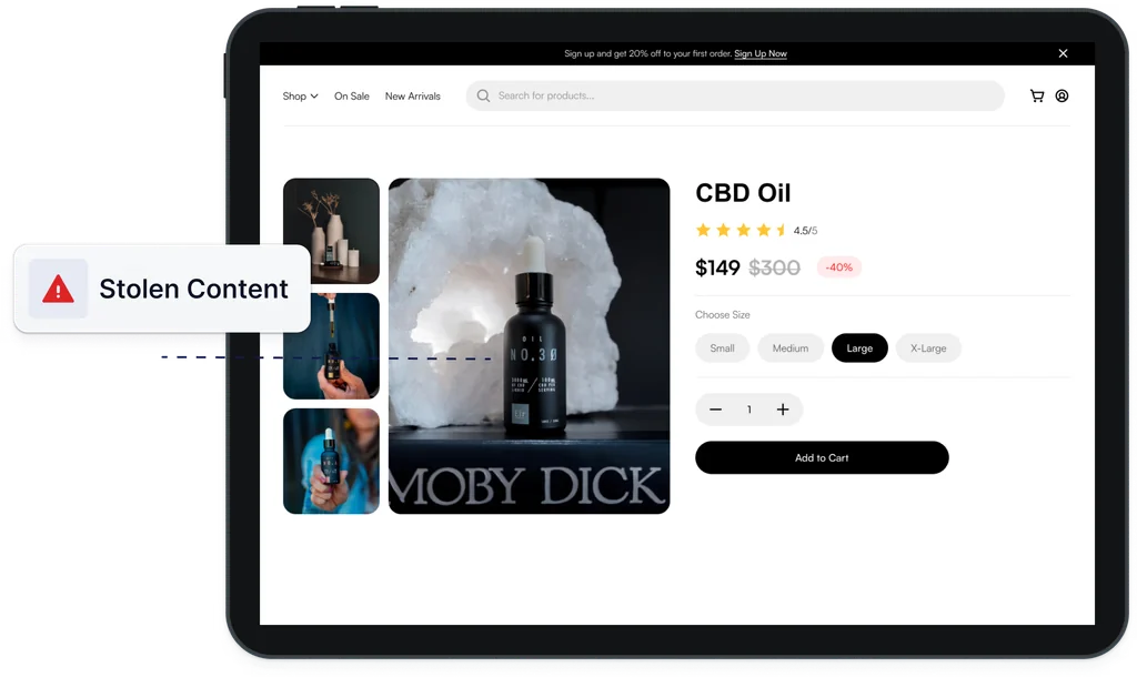 A copycat store on a tablet using stolen product photos